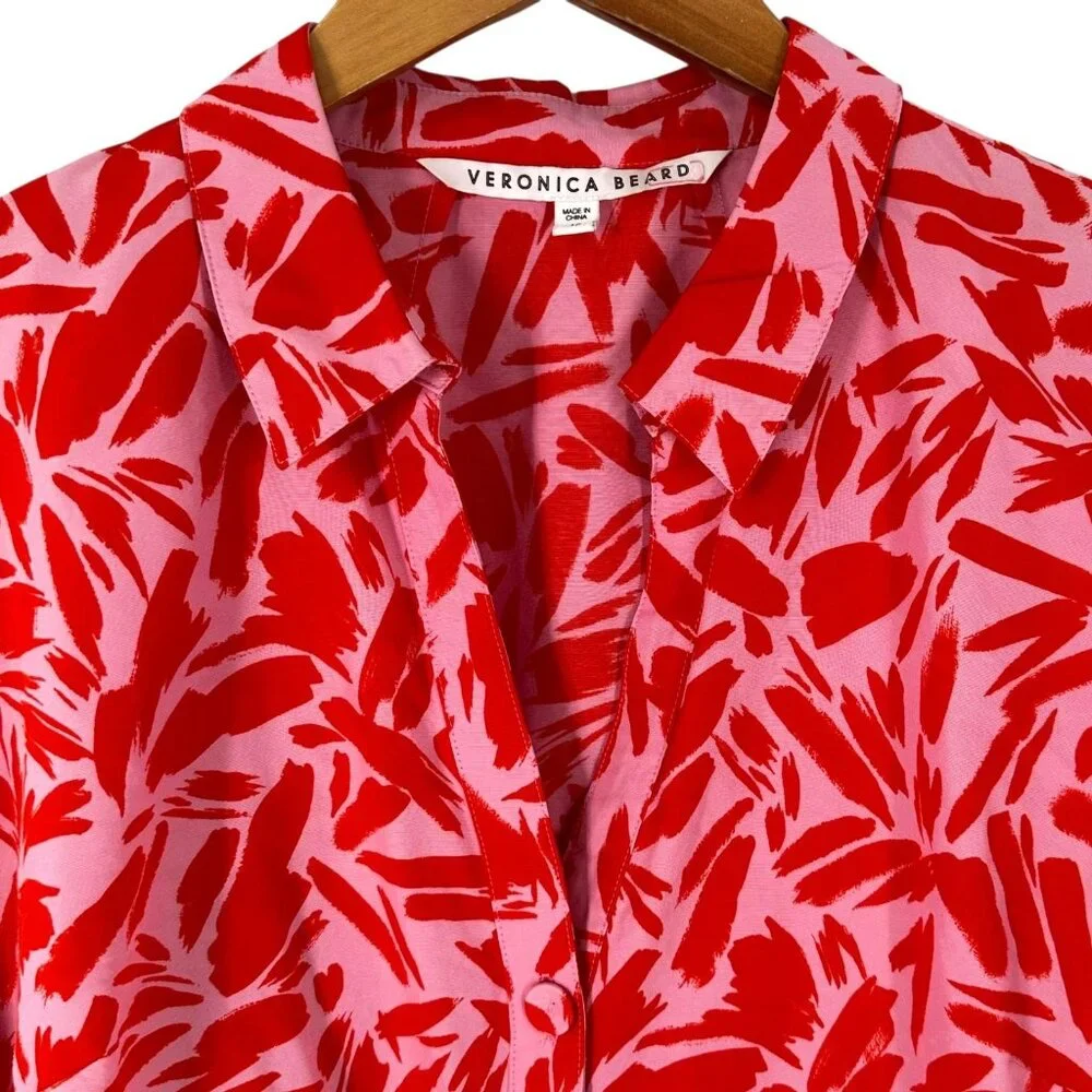 Veronica Beard Samy Red and Pink Print Balloon Sleeve Mini Dress Size 12 - Picture 2 of 6